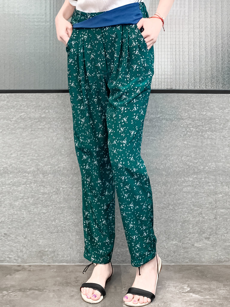 Last Chance! Green Floral Print Contrast Twist Waist Taper Trousers