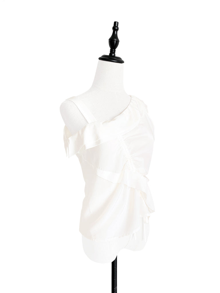 Surprise Sale! Creamy White Asymmetrical Drawstring Silky Top