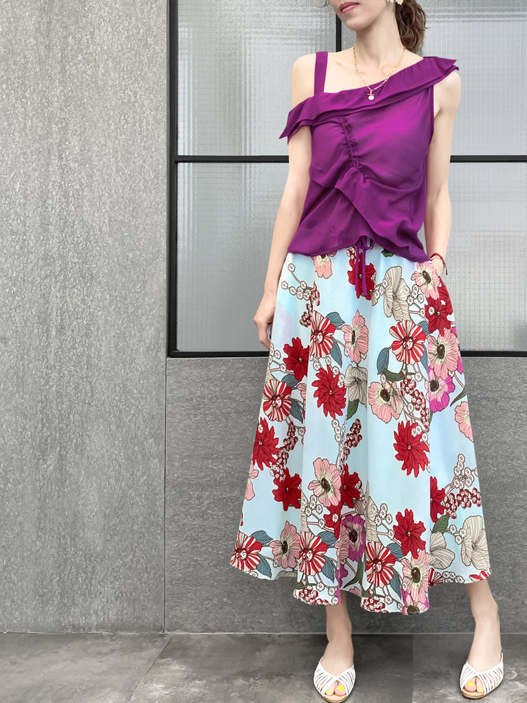 驚喜促銷!紅紫不對稱抽繩絲質上衣