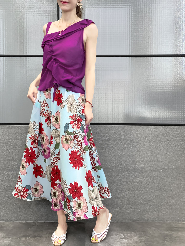 驚喜促銷!紅紫不對稱抽繩絲質上衣