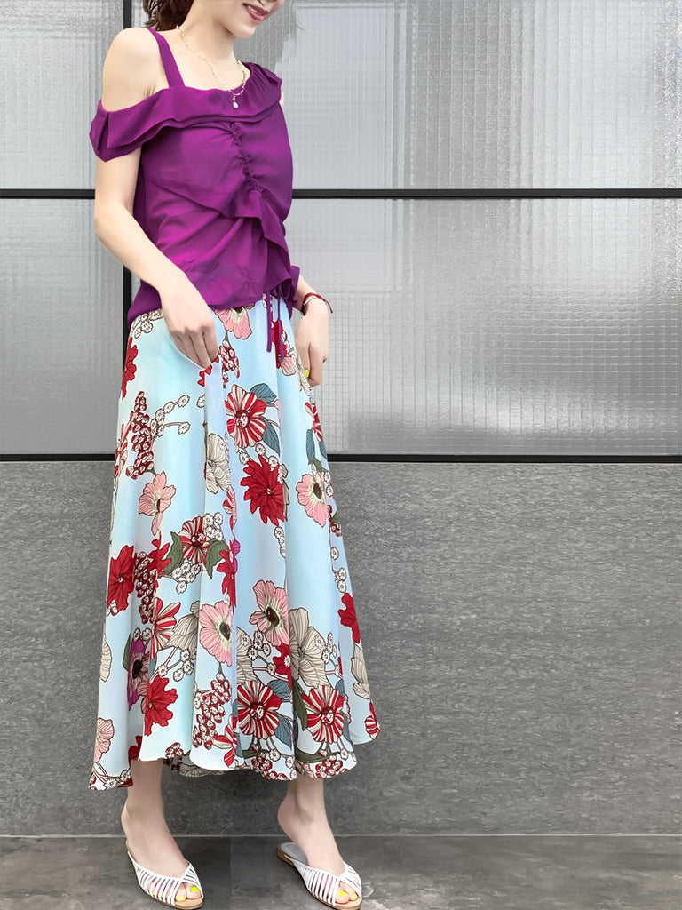 驚喜促銷!紅紫不對稱抽繩絲質上衣