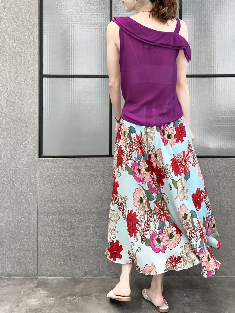 驚喜促銷!紅紫不對稱抽繩絲質上衣