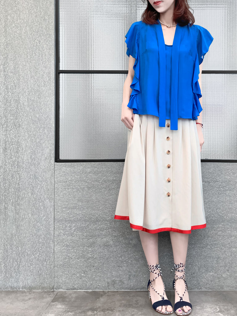 驚喜促銷!鮮豔的藍色褶邊荷葉邊領帶絲質上衣