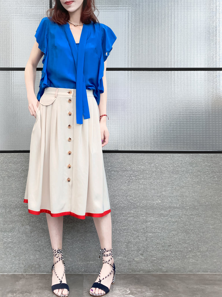 驚喜促銷!鮮豔的藍色褶邊荷葉邊領帶絲質上衣