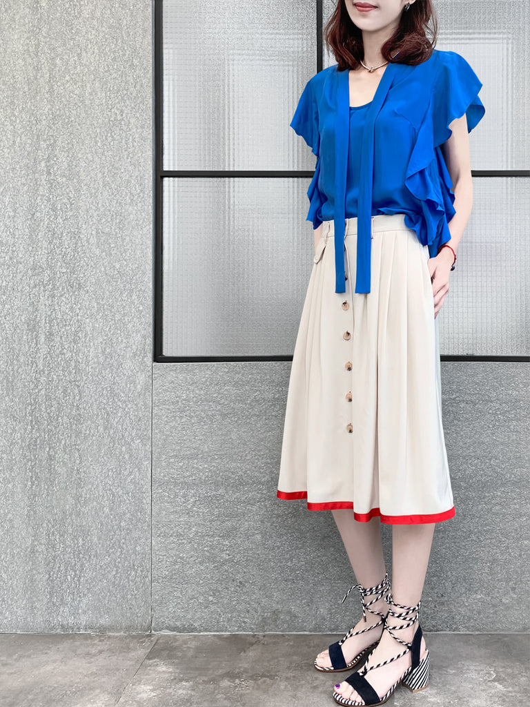 驚喜促銷!鮮豔的藍色褶邊荷葉邊領帶絲質上衣