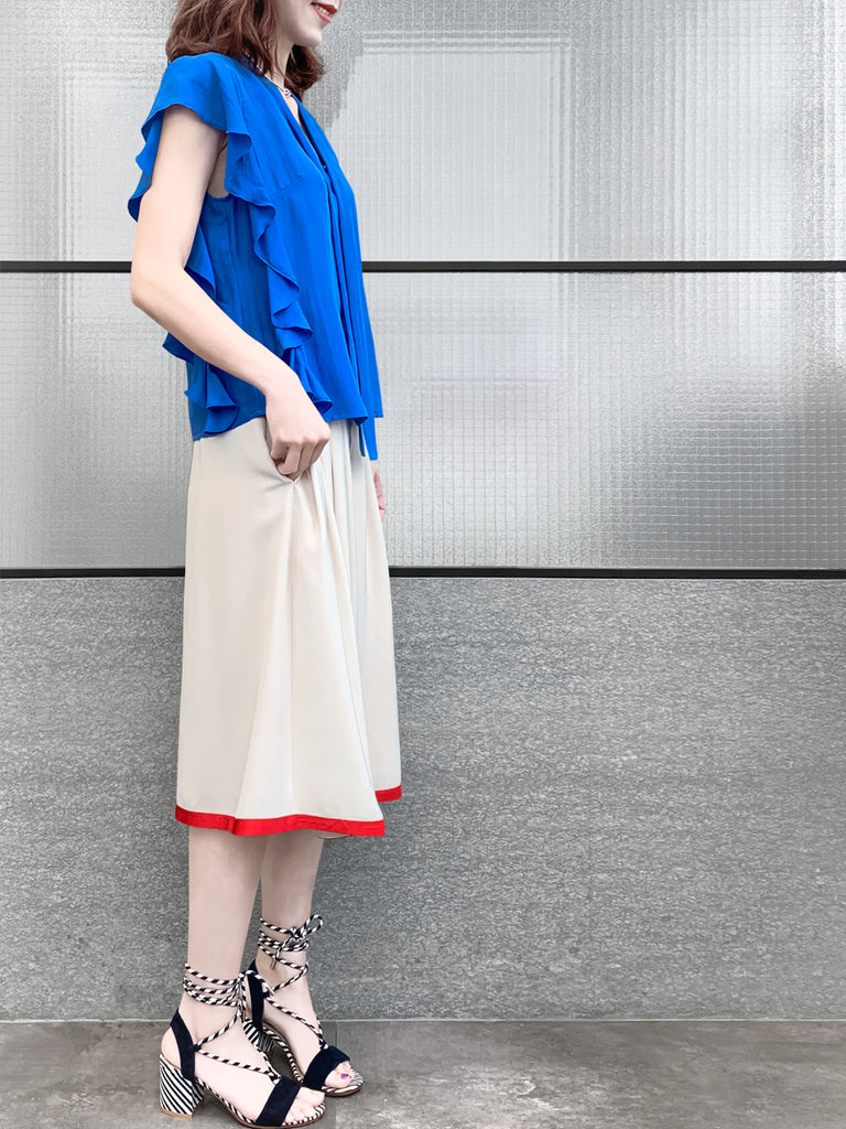 驚喜促銷!鮮豔的藍色褶邊荷葉邊領帶絲質上衣