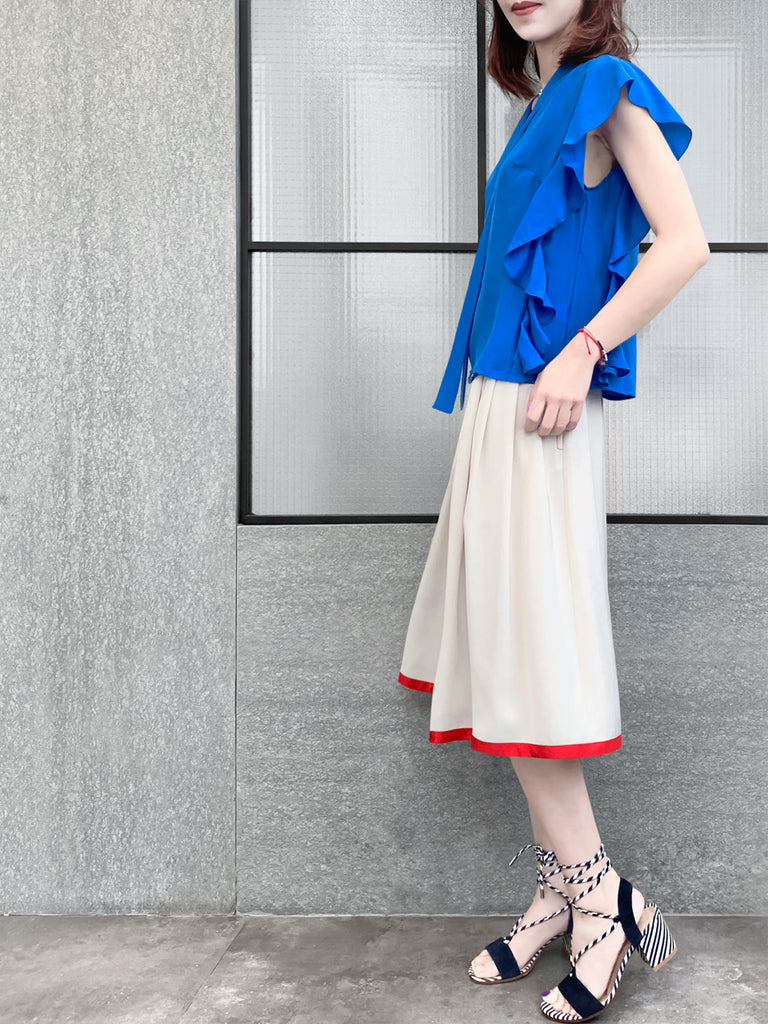 驚喜促銷!鮮豔的藍色褶邊荷葉邊領帶絲質上衣