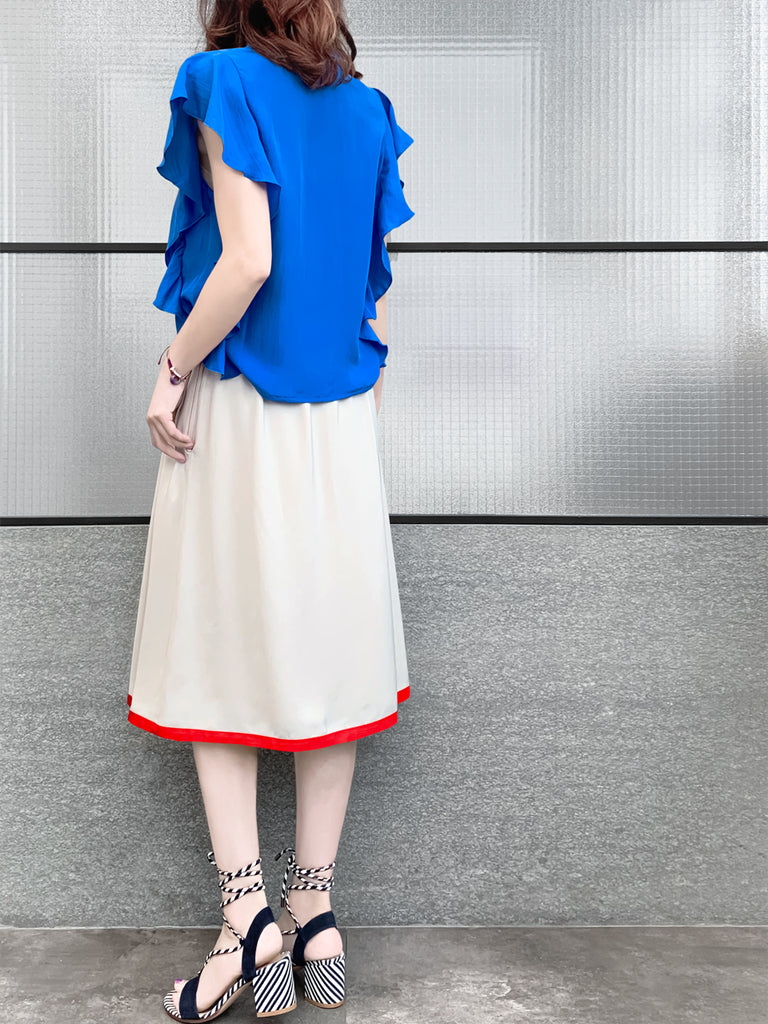驚喜促銷!鮮豔的藍色褶邊荷葉邊領帶絲質上衣