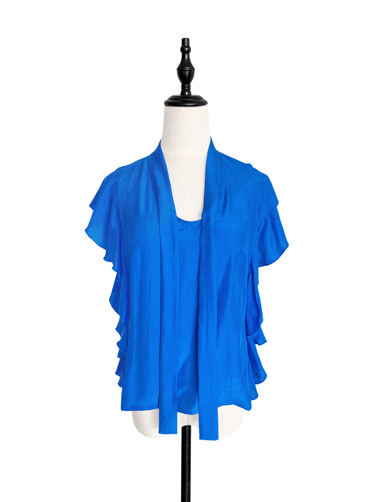 驚喜促銷!鮮豔的藍色褶邊荷葉邊領帶絲質上衣