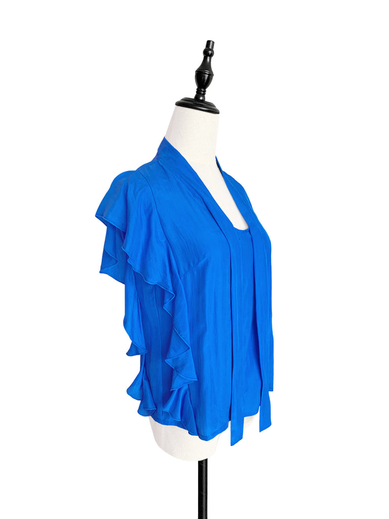 驚喜促銷!鮮豔的藍色褶邊荷葉邊領帶絲質上衣