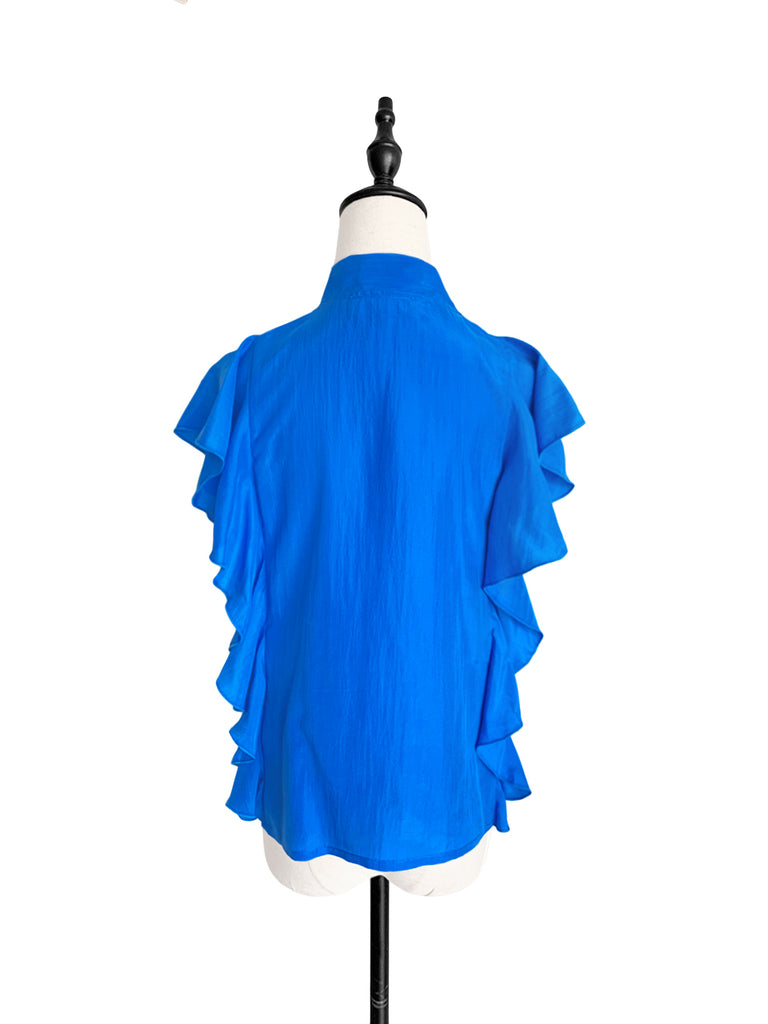驚喜促銷!鮮豔的藍色褶邊荷葉邊領帶絲質上衣