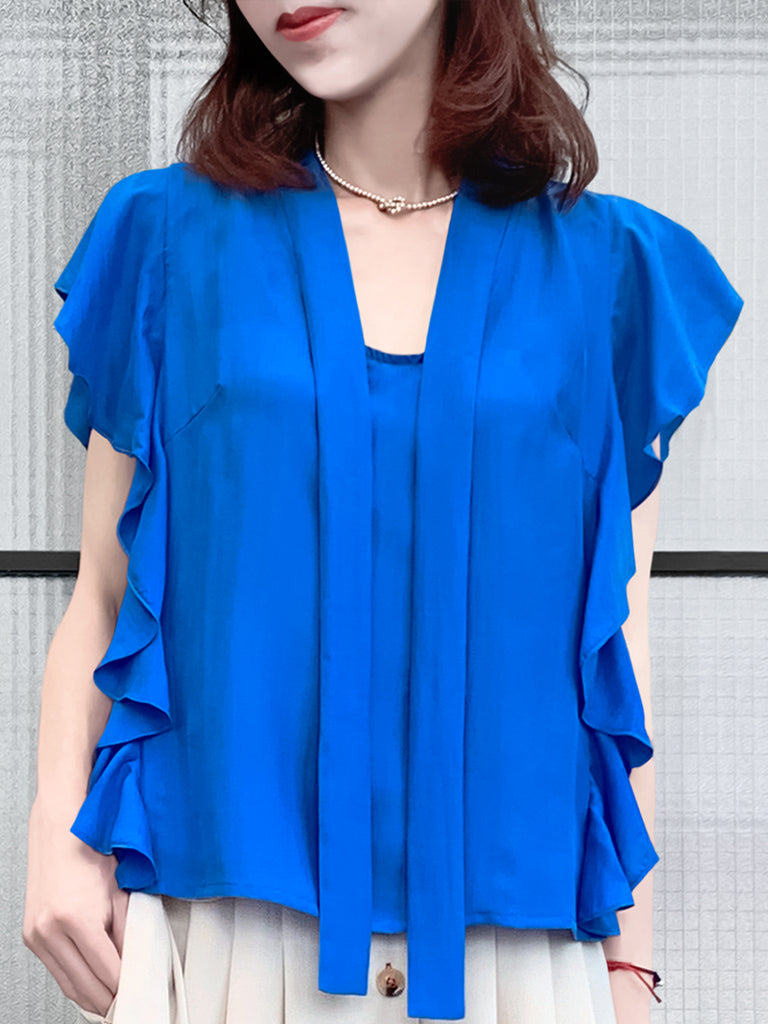 驚喜促銷!鮮豔的藍色褶邊荷葉邊領帶絲質上衣
