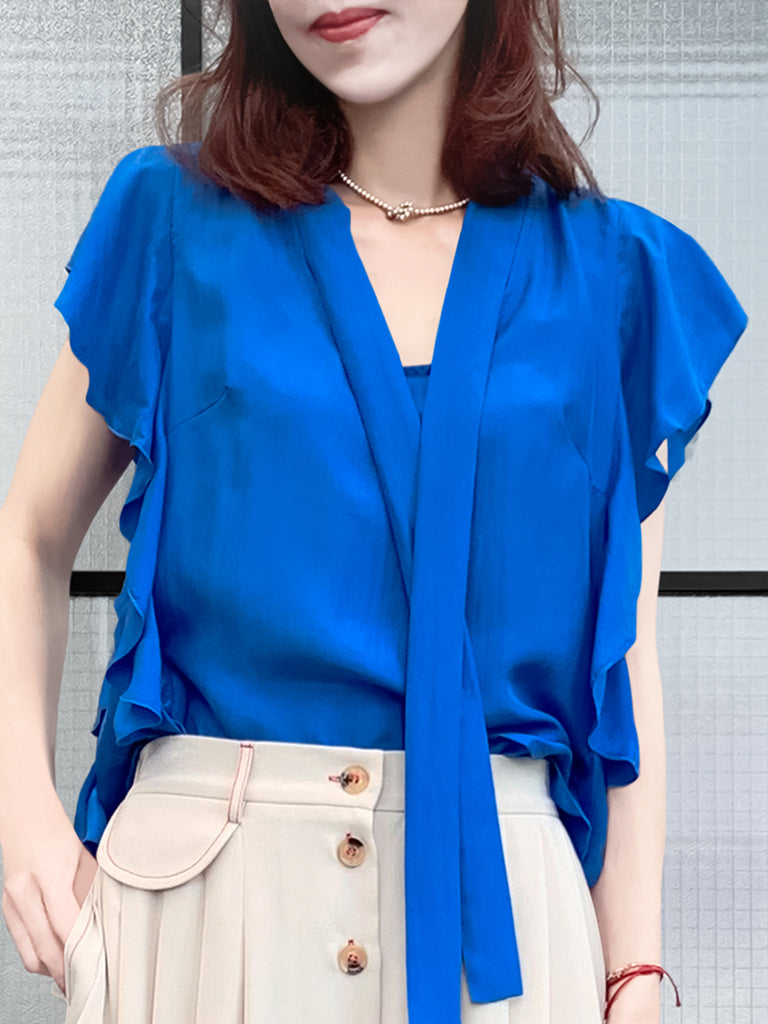 驚喜促銷!鮮豔的藍色褶邊荷葉邊領帶絲質上衣