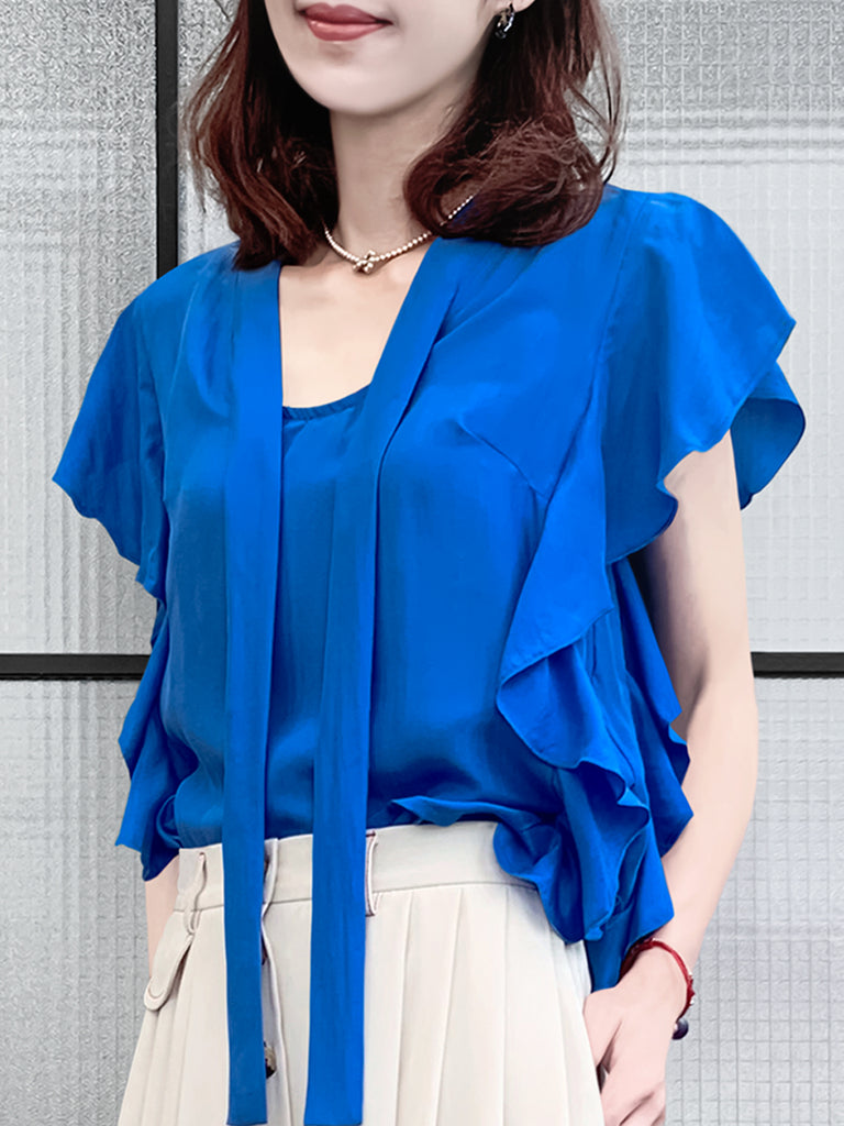 驚喜促銷!鮮豔的藍色褶邊荷葉邊領帶絲質上衣