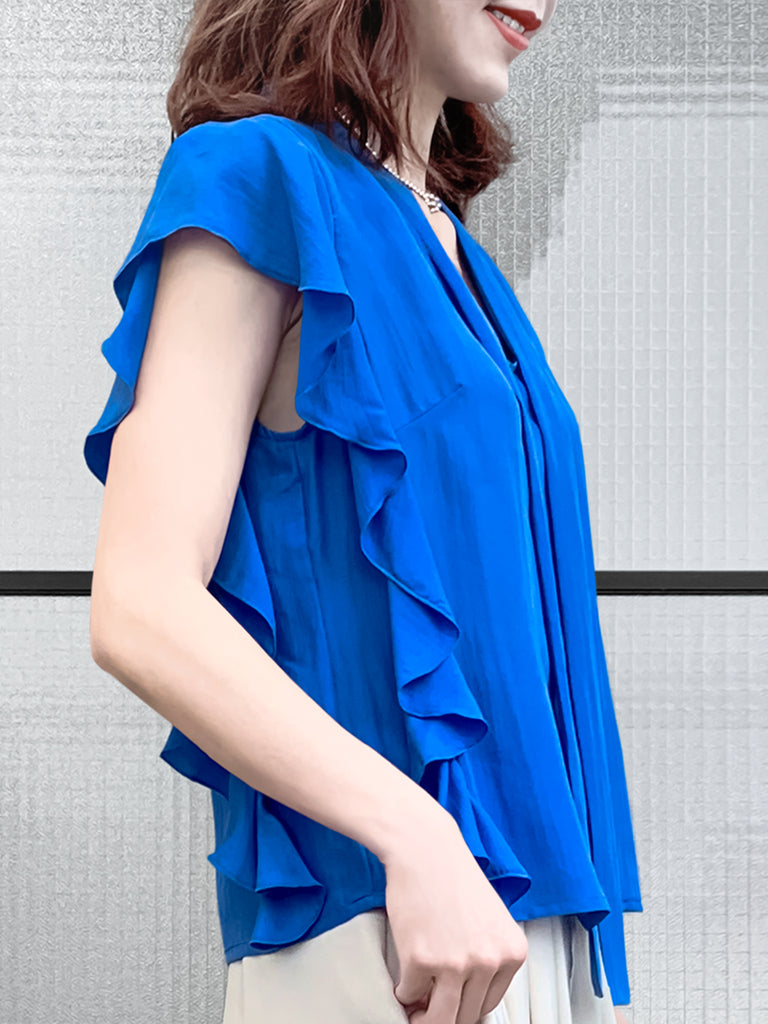 驚喜促銷!鮮豔的藍色褶邊荷葉邊領帶絲質上衣