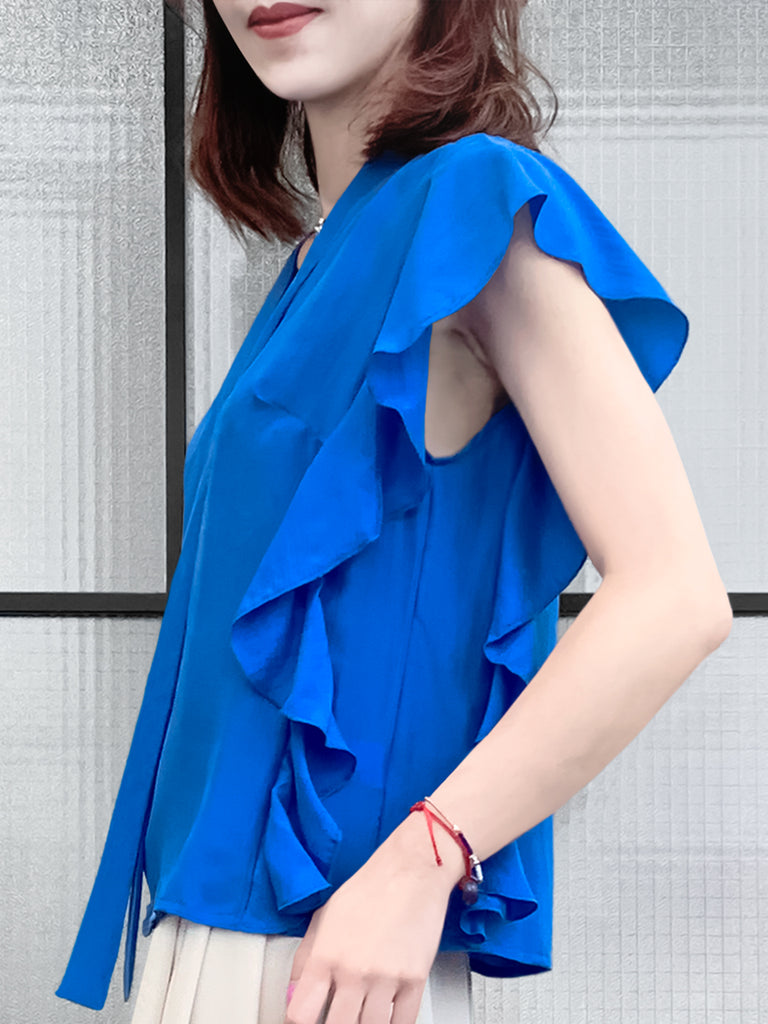驚喜促銷!鮮豔的藍色褶邊荷葉邊領帶絲質上衣
