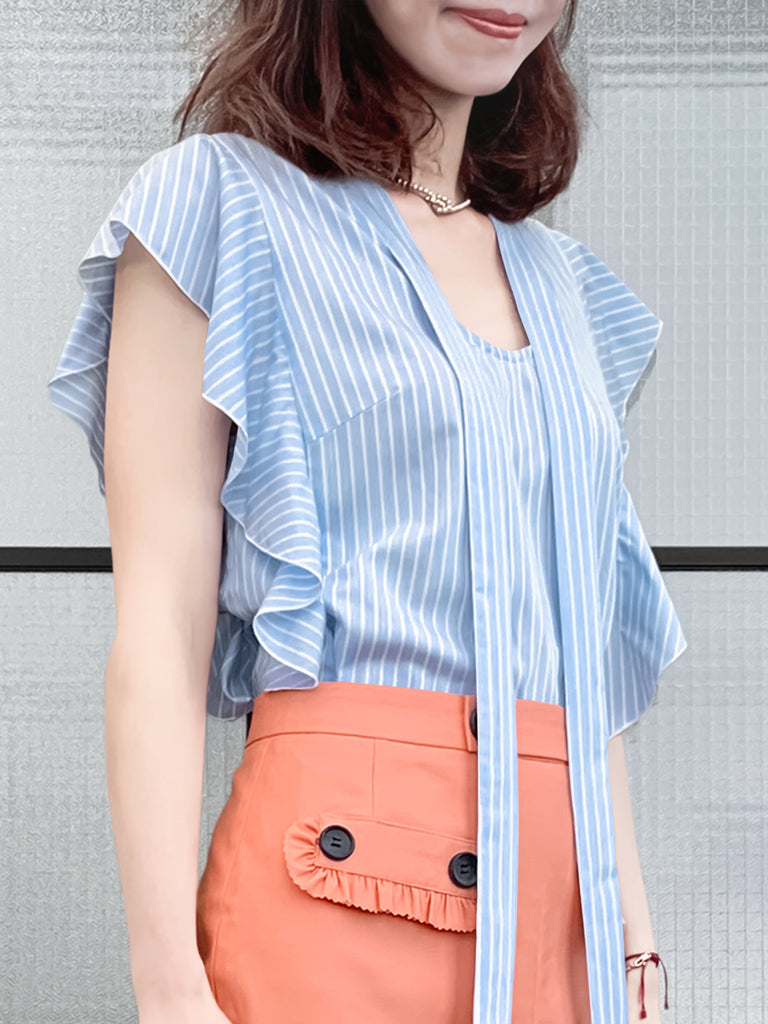 Final Sale! Light Blue Pinstriped Frills Ruffle Tie Neck Top