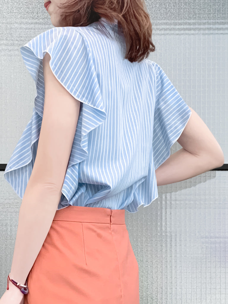 Final Sale! Light Blue Pinstriped Frills Ruffle Tie Neck Top