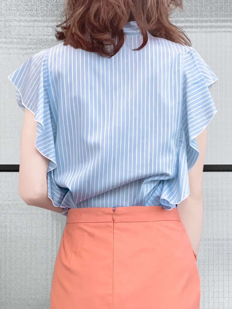 Final Sale! Light Blue Pinstriped Frills Ruffle Tie Neck Top