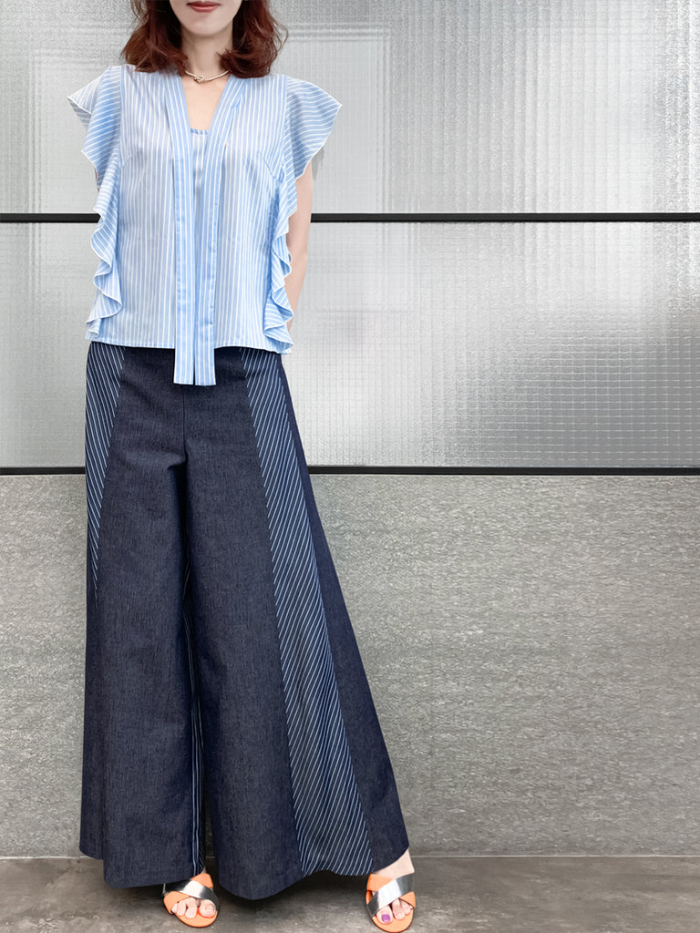 Final Sale! Light Blue Pinstriped Frills Ruffle Tie Neck Top