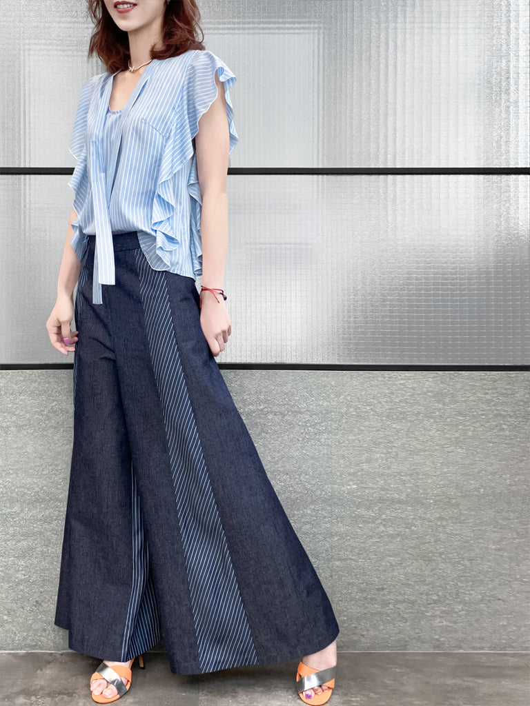 Final Sale! Light Blue Pinstriped Frills Ruffle Tie Neck Top