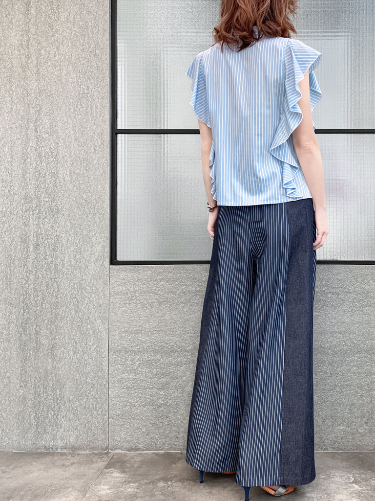 Final Sale! Light Blue Pinstriped Frills Ruffle Tie Neck Top