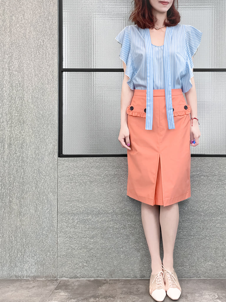 Final Sale! Light Blue Pinstriped Frills Ruffle Tie Neck Top