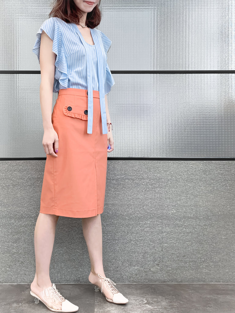 Final Sale! Light Blue Pinstriped Frills Ruffle Tie Neck Top