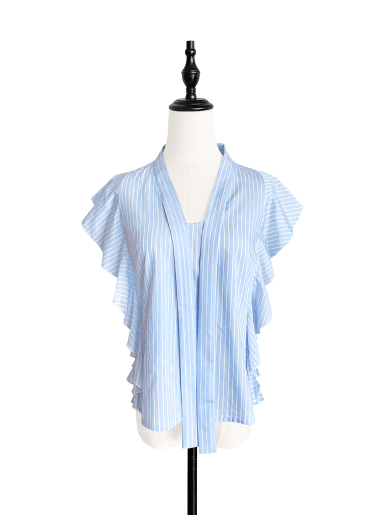 Final Sale! Light Blue Pinstriped Frills Ruffle Tie Neck Top