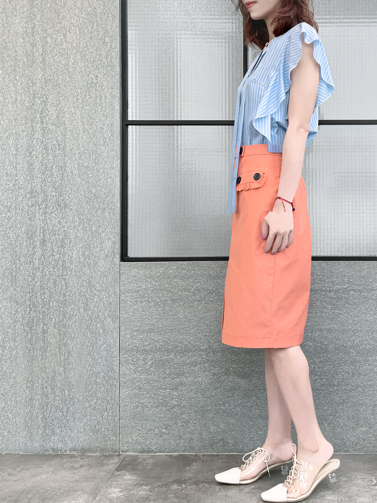 Final Sale! Light Blue Pinstriped Frills Ruffle Tie Neck Top