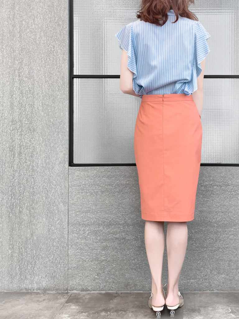 Final Sale! Light Blue Pinstriped Frills Ruffle Tie Neck Top