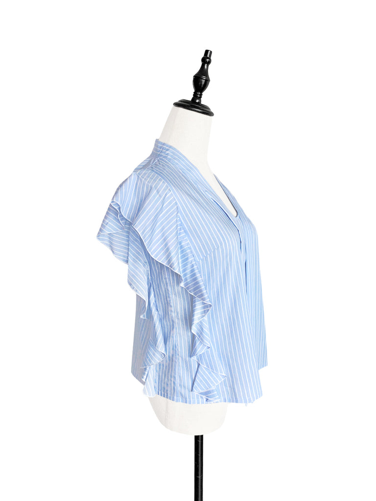 Final Sale! Light Blue Pinstriped Frills Ruffle Tie Neck Top