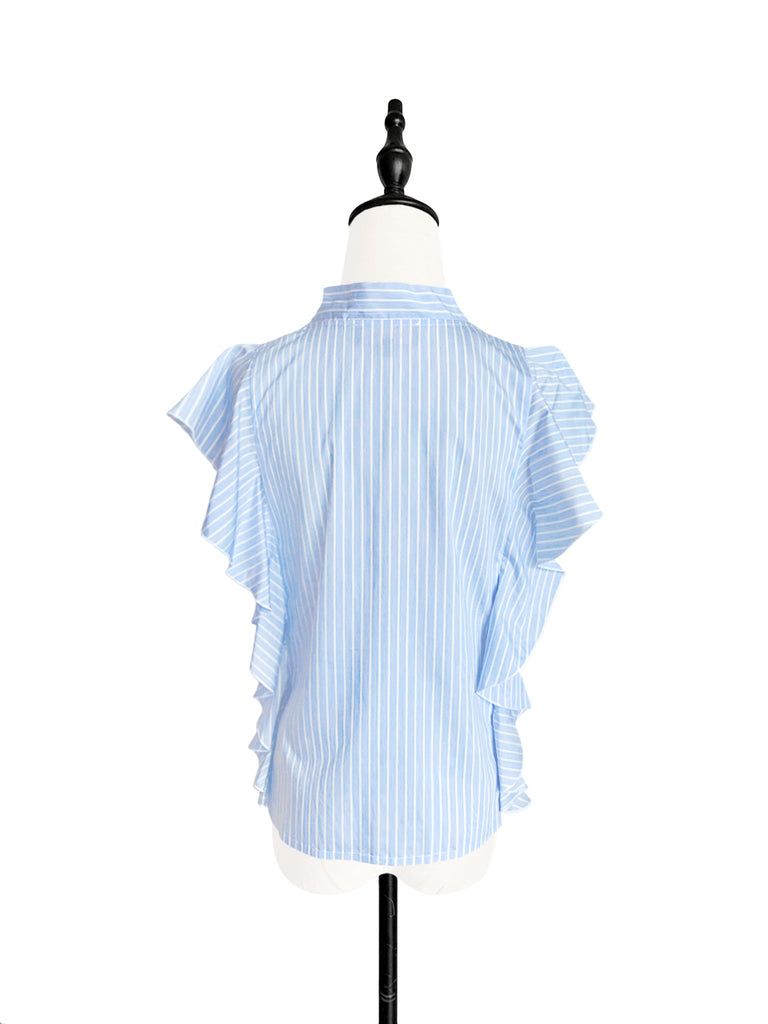 Final Sale! Light Blue Pinstriped Frills Ruffle Tie Neck Top