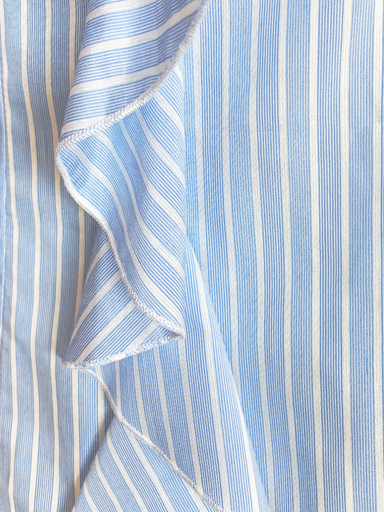 Final Sale! Light Blue Pinstriped Frills Ruffle Tie Neck Top