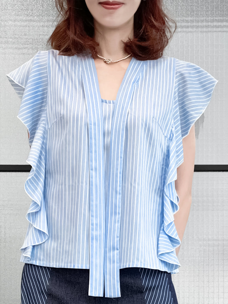 Final Sale! Light Blue Pinstriped Frills Ruffle Tie Neck Top