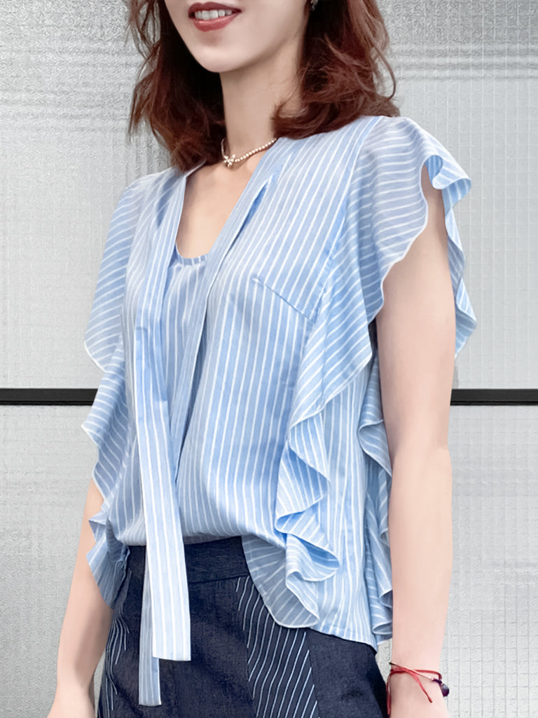 Final Sale! Light Blue Pinstriped Frills Ruffle Tie Neck Top