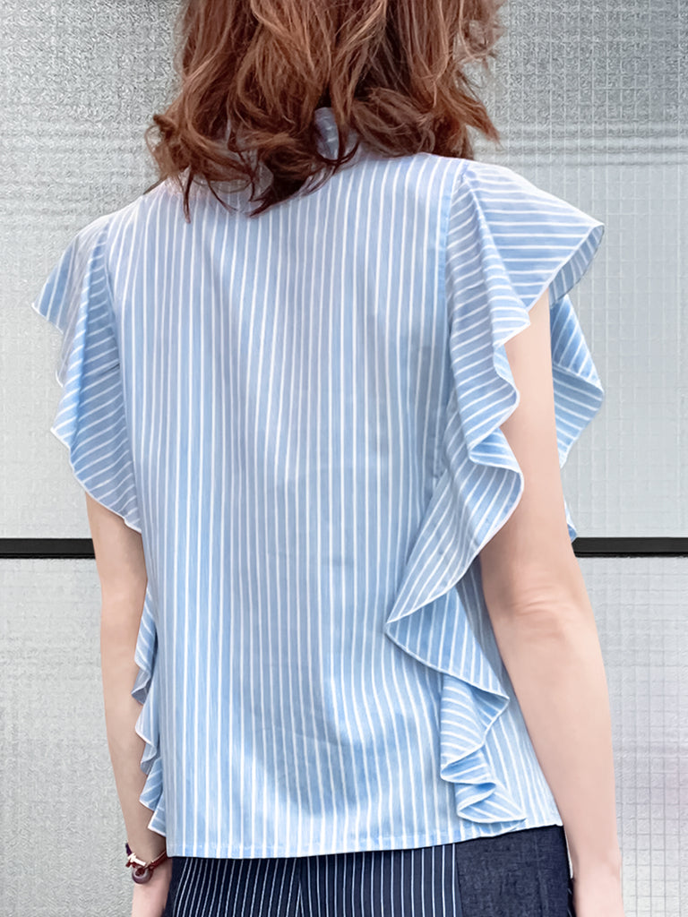 Final Sale! Light Blue Pinstriped Frills Ruffle Tie Neck Top