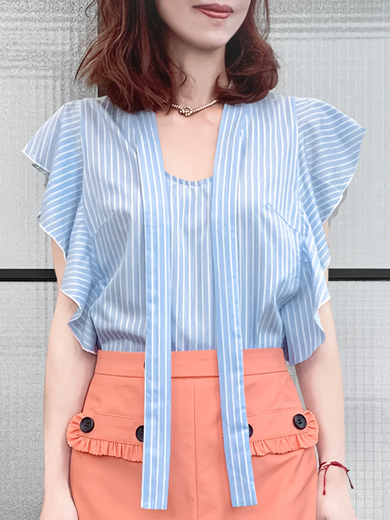 Final Sale! Light Blue Pinstriped Frills Ruffle Tie Neck Top