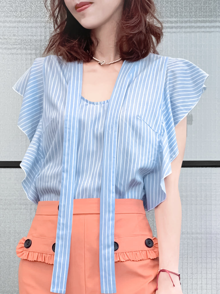 Final Sale! Light Blue Pinstriped Frills Ruffle Tie Neck Top