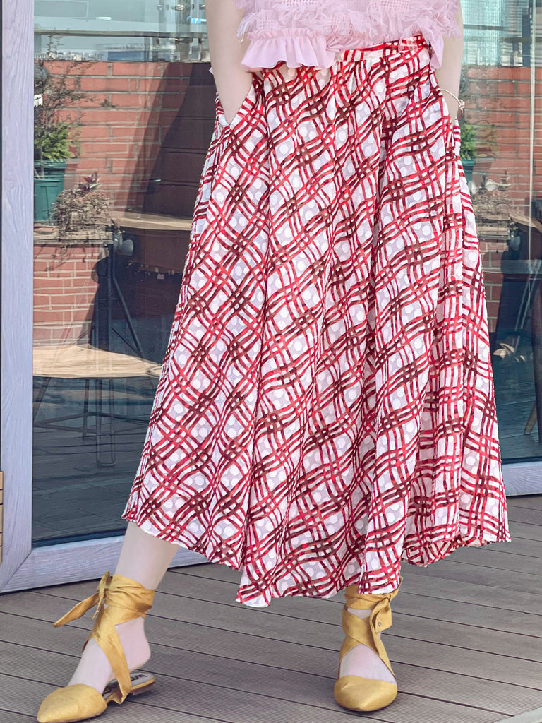 驚喜促銷!紅色格紋壓花圓點微風裙