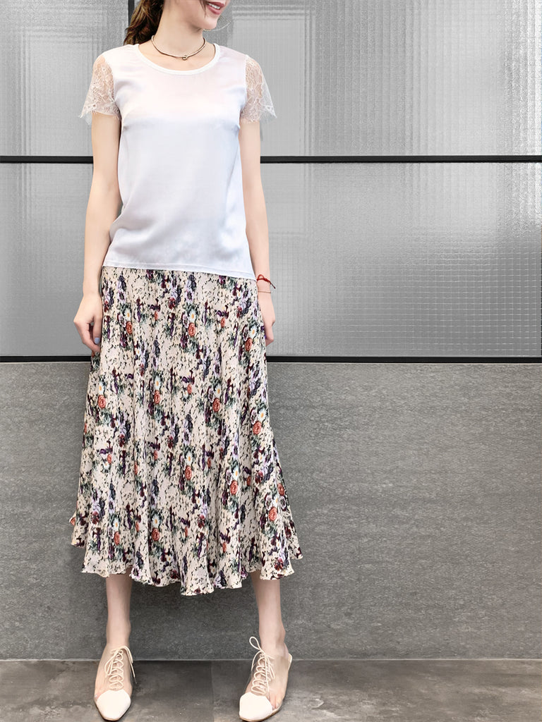 驚喜促銷!白色睫毛蕾絲袖混合媒體方領 T 卹