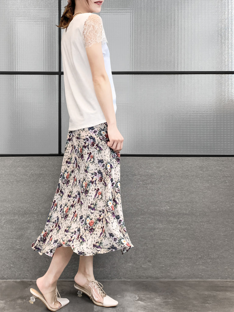 驚喜促銷!白色睫毛蕾絲袖混合媒體方領 T 卹