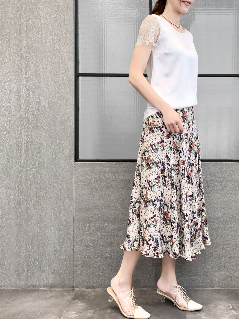 驚喜促銷!白色睫毛蕾絲袖混合媒體方領 T 卹