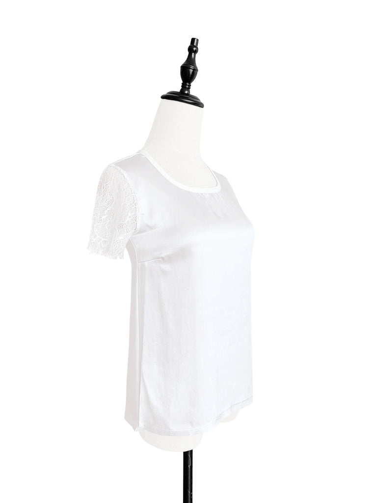 驚喜促銷!白色睫毛蕾絲袖混合媒體方領 T 卹