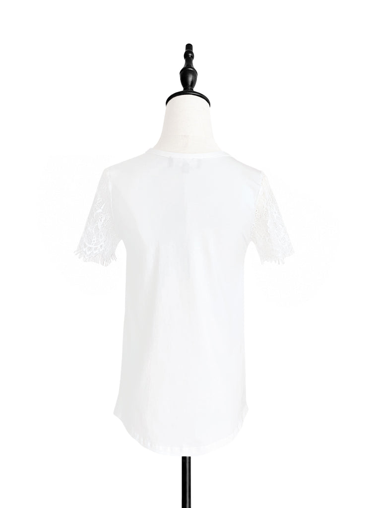 驚喜促銷!白色睫毛蕾絲袖混合媒體方領 T 卹