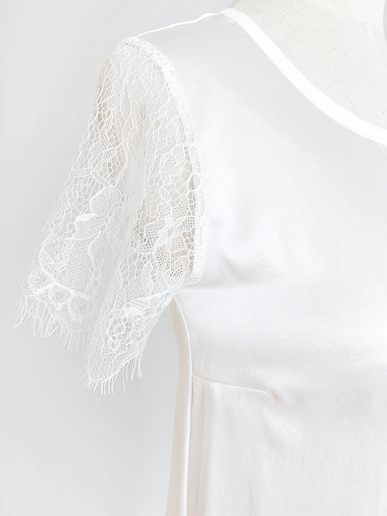 驚喜促銷!白色睫毛蕾絲袖混合媒體方領 T 卹