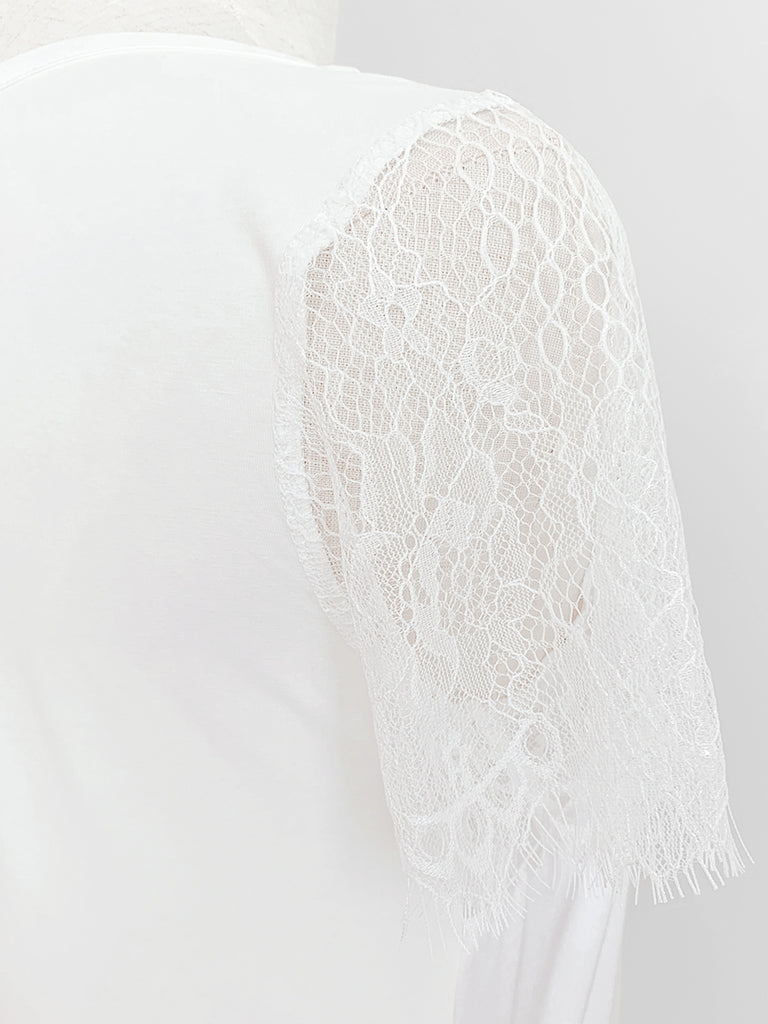 驚喜促銷!白色睫毛蕾絲袖混合媒體方領 T 卹