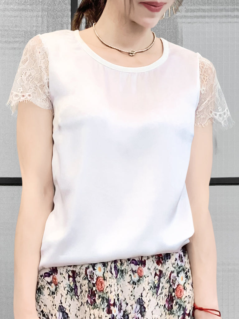 驚喜促銷!白色睫毛蕾絲袖混合媒體方領 T 卹