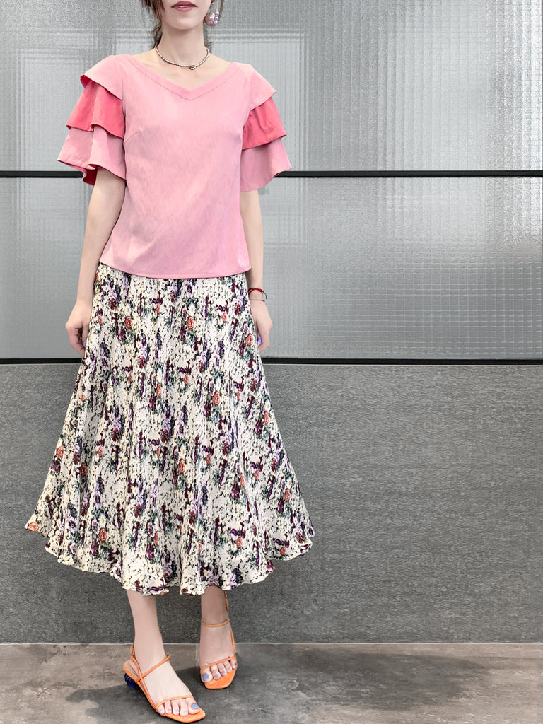 驚喜促銷!粉紅色 & 打孔疊層袖雙 V 領襯衫