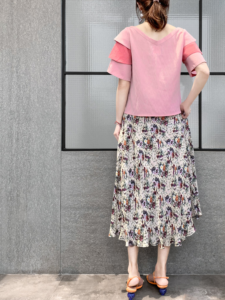 驚喜促銷!粉紅色 & 打孔疊層袖雙 V 領襯衫